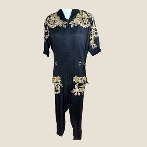 Ginebra Prive‎ black silk w gold metal embroidered accents, cinch waist jumpsuit